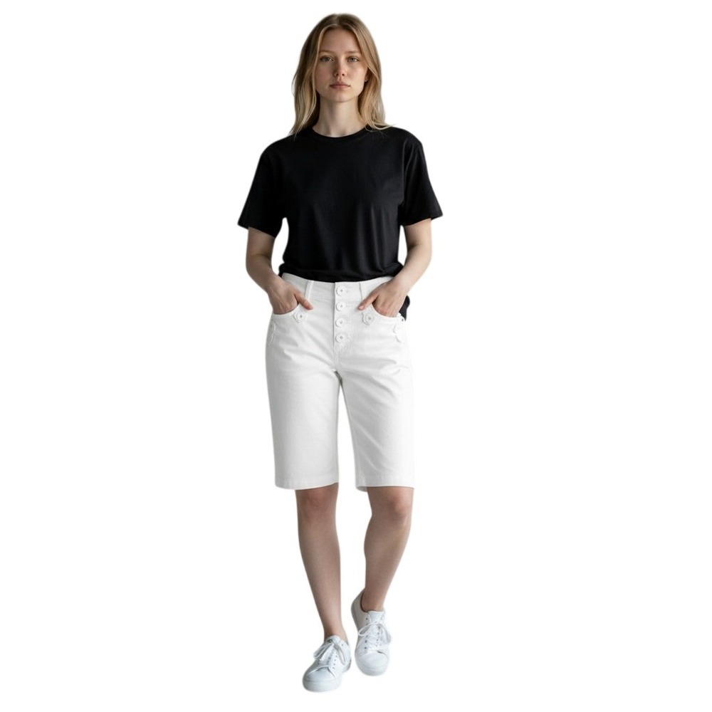 One 5 One Womens White Bermuda Shorts High Rise Stretch Button Waist MSN7255Z